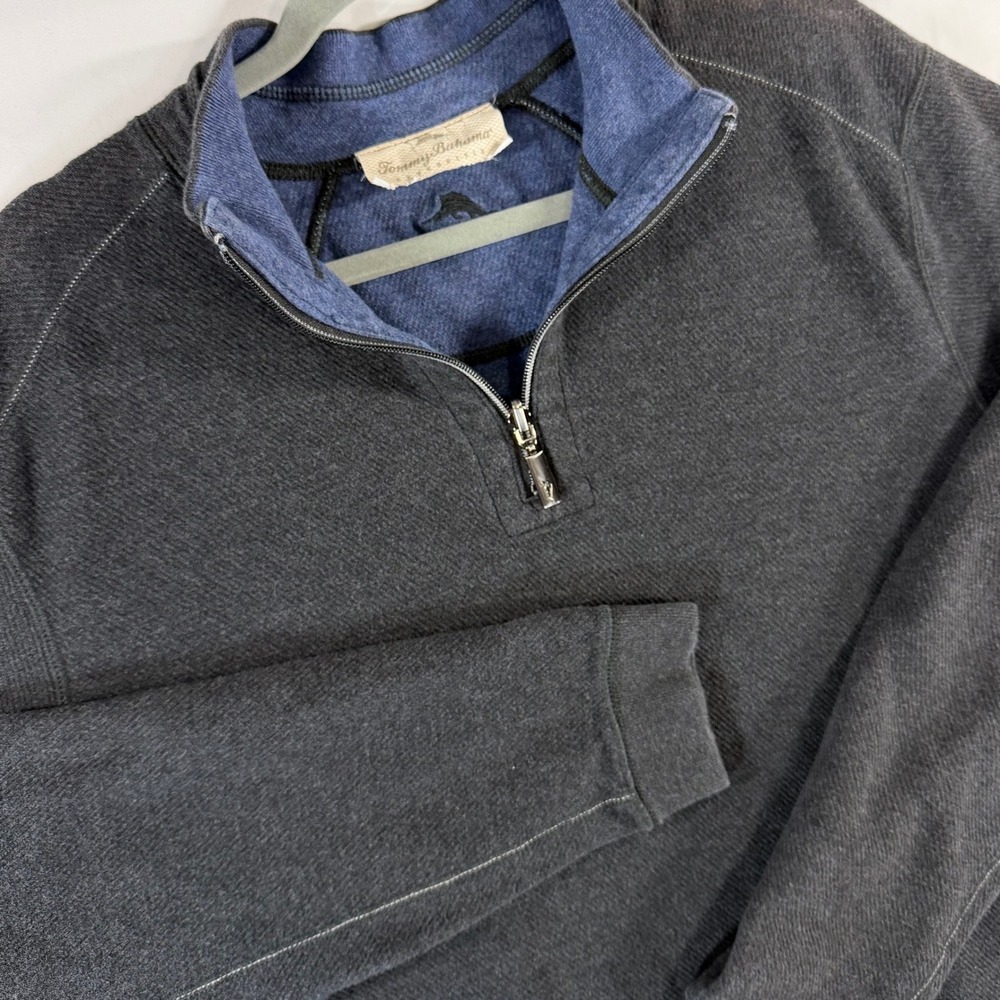 Tommy‎ Bahama Reversible Half Zip Sweatshirt Mens XL Grey Blue Cotton Pullover